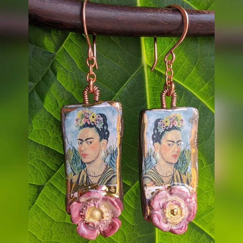 Unique Frida Khalo Earrings Artisan Crafted Lightweight Ceramic Charms - Picture 8 of 16